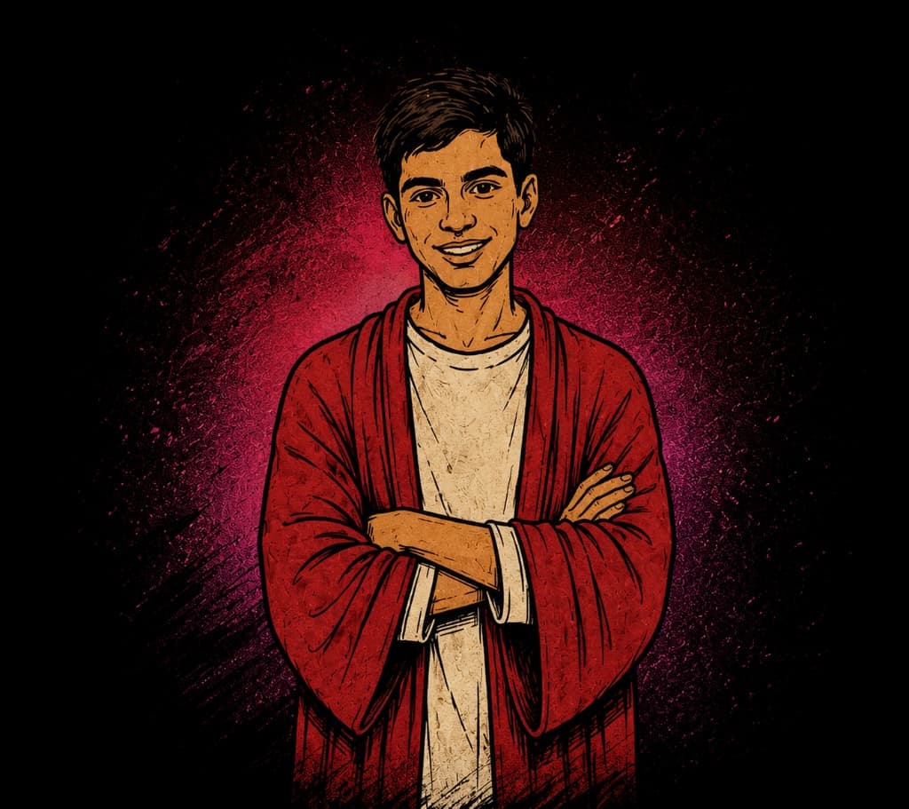 Illustrated portrait in a red robe against a pink-lit backdrop